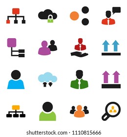 solid vector icon set - hierarchy vector, client, top sign, speaking man, group, cloud lock, exchange, share, user, search