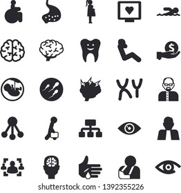 Solid vector icon set - hierarchy flat vector, person, investments, computer diagnostics of health, disabled, injury, embryo, gestation, chromosomes, sperm, tooth, stomach, recruitment, businessman