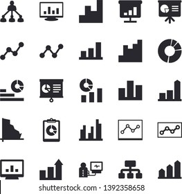 Solid vector icon set - hierarchy flat vector, graphic report, crisis, chart, statistics, scatter, diagnostics, computer, statistic, clircle diagram, point, presentaition board, achievement