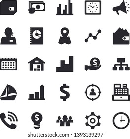 Solid vector icon set - hierarchy flat vector, location, target audience, cogwheel, chart, cash, dollar, investments, purse, team, telephone operator, phone call, idea, scatter, calendar, mouthpiece