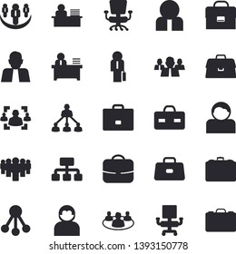 Solid vector icon set - hierarchy flat vector, case, person, team, briefcase, teamwork, recruitment, office chair, worker, businessman, user