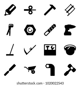 Solid vector icon set - highlight marker vector, steel rolling, hammer, bucksaw, plumber, nut, drill, rake, scythe, tool box, protect glass, rasp, wheelbarrow, allen key, toy