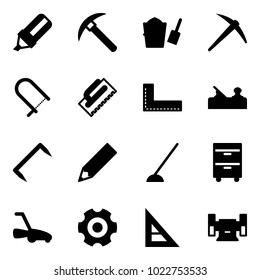 Solid vector icon set - highlight marker vector, rock axe, bucket scoop, fretsaw, trowel, corner ruler, jointer, staple, pencil, hoe, tool cabinet, lawn mower, gear, sharpening