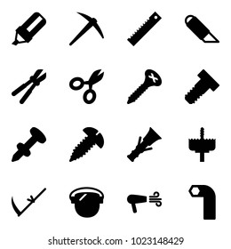 Solid vector icon set - highlight marker vector, axe, ruler, work knife, bolt cutter, scissors, screw, nail dowel, crown drill, scythe, protect glass, dryer, allen key
