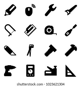 Solid vector icon set - highlight marker vector, mouse wireless, wrench, saw, fretsaw, trowel, measuring tape, chisel, work knife, plumber, bolt, screw, drill, multimeter, stapler, corner ruler