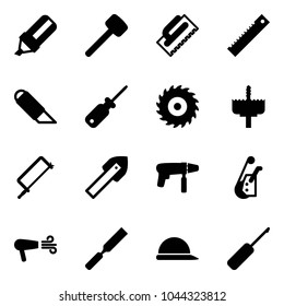 Solid vector icon set - highlight marker vector, rubber hammer, trowel, ruler, work knife, screwdriver, saw disk, crown drill, metal hacksaw, tile, machine, winch, dryer, rasp, construction helmet