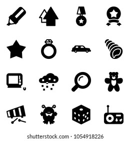 Solid vector icon set - highlight marker vector, arrow up, star medal, diamond ring, limousine, shell, monoblock pc, snow, magnifier, bear toy, xylophone, monster, bones, radio