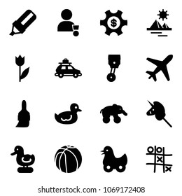Solid vector icon set - highlight marker vector, winner, money managemet, pyramid, tulip, car baggage, piston, plane, brush, duck toy, elephant wheel, unicorn stick, basketball, Tic tac toe