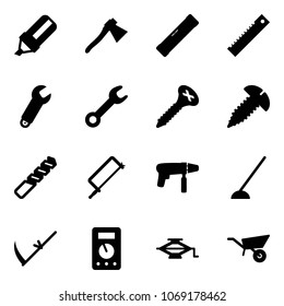 Solid vector icon set - highlight marker vector, axe, level, ruler, wrench, screw, drill, metal hacksaw, machine, hoe, scythe, multimeter, jack, wheelbarrow