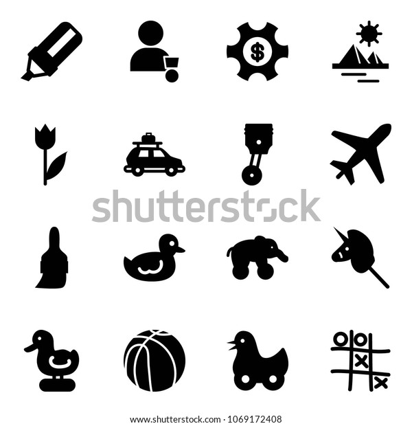 Solid vector icon set - highlight marker vector,\
winner, money managemet, pyramid, tulip, car baggage, piston,\
plane, brush, duck toy, elephant wheel, unicorn stick, basketball,\
Tic tac toe