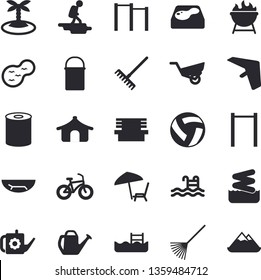 Solid vector icon set - hiking pot flat vector, barbecue, canned food, rake, watering can, garden wheelbarrow, bench, pond, pool, volleyball, bicycle, parallel bars, hike fector, hang glider, tent
