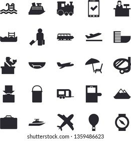 Solid vector icon set - hiking pot flat vector, pool, aircraft fector, train, trailer, balloon, luggage, suitcase, baggage claim, passport control, check in, hotel first line, departure, get, yacht