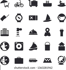 Solid vector icon set - hiking pot flat vector, lighthouse, location, earth, sailboat, astronaut helmet fector, train, airport tower, bicycle, luggage, suitcase, ticket, hand, chaise lounge, surfing