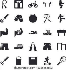 Solid vector icon set - hiking pot flat vector, whisk, pills, barbell, weighing machine, centimeter, muscles, bicycle, skipping rope, carpal expander, parallel bars, sports equipment horse, fitball