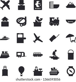 Solid vector icon set - hiking pot flat vector, aircraft, train, trailer, hike, balloon, luggage, baggage claim, passport control, hotel first line, get, hand, sea beach, chaise lounge, yacht