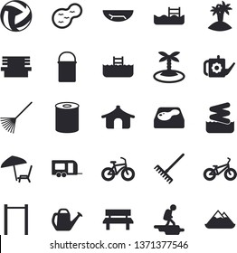 Solid vector icon set - hiking pot flat vector, canned food, rake, watering can, bench, pond, pool, volleyball, bicycle, parallel bars, trailer fector, hike, tent, sea beach, chaise lounge, island