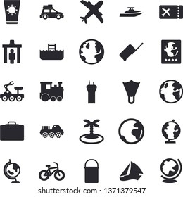 Solid vector icon set - hiking pot flat vector, earth, globe, lunar rover, bicycle, fector, train, car, sailboat, airport tower, control gate, luggage, suitcase, passport, ticket, aircraft, island