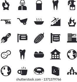 Solid vector icon set - hiking pot flat vector, groats, donut, salad, soup, cucumber, pulverizer, garden wheelbarrow, bonfire, pond, gas station, earth, mining, signboard, rocket, hospital, tooth