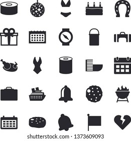 Solid vector icon set - hiking pot flat vector, barbecue, canned food, cake, chicken, cutlet, horseshoe, flag, calendar, present, swimsuit, sport bag, suitcase fector, hotel first line, disco ball