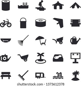 Solid vector icon set - hiking pot flat vector, canned food, rake, watering can, garden wheelbarrow, bench, pool, billboard, bicycle, trailer , hike, hang glider, tent, sea beach, island