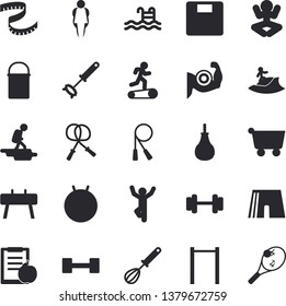 Solid vector icon set - hiking pot flat vector, whisk, grocery trolley, dumbbell, diet, weighing machine, centimeter, muscles, skipping rope, parallel bars, sports equipment horse, pear, fitball