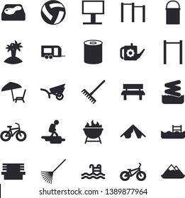 Solid vector icon set - hiking pot flat vector, barbecue, canned food, rake, watering can, garden wheelbarrow, bench, pool, billboard, volleyball, bicycle, parallel bars, trailer fector, hike, tent
