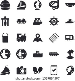 Solid vector icon set - hiking pot flat vector, earth, sailboat, globe, lunar rover, astronaut helmet fector, train, trailer, control gate, check in, sea beach, island, swimming mask, pool, camera