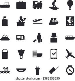 Solid vector icon set - hiking pot flat vector, pool, aircraft fector, train, trailer, airport tower, hike, balloon, luggage, suitcase, passport control, check in, hotel first line, departure, get