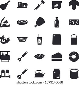 Solid vector icon set - hiking pot flat vector, colander, teapot, whisk, meat hammer, cutting board, spice, food processor, ham, cheese, pizza, mushroom, piece of cake, donut, chop, hot peppers