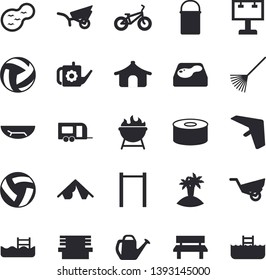 Solid vector icon set - hiking pot flat vector, barbecue, canned food, rake, watering can, garden wheelbarrow, bench, pond, pool, billboard, volleyball, bicycle, parallel bars, trailer fector, tent