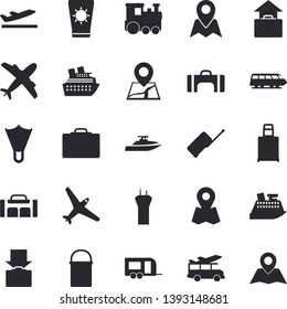 Solid vector icon set - hiking pot flat vector, location, sport bag, aircraft fector, train, trailer, airport tower, luggage, suitcase, departure, get, hand, sun protection cream, flippers, transfer