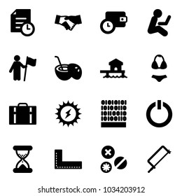 Solid vector icon set - history vector, agreement, wallet time, win, coconut cocktail, bungalow, swimsuit, suitcase, sun power, binary code, standby button, sand clock, corner ruler, rivet