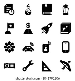 Solid vector icon set - history vector, round flask, book, award, flag, dollar, rocket, photo, flower, car wireless, identity card, mobile phone, projector, wrench, corner ruler, bow