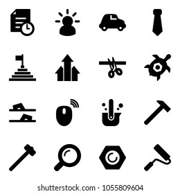Solid vector icon set - history vector, idea, car, tie, pyramid flag, arrows up, opening, sea turtle, flip flops, mouse wireless, casting of steel, hammer, sledgehammer, magnifier, nut, paint roller