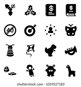 Solid vector icon set - holly vector, annual report, end speed limit road sign, target, star man, butterfly, pyramid toy, kite, dinosaur, horn, constructor blocks, doll, monster, giraffe
