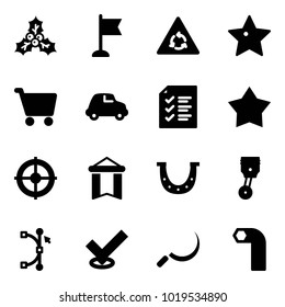 Solid vector icon set - holly vector, flag, round motion road sign, star, cart, car, list, medal, target, pennant, luck, piston, bezier, check, sickle, allen key