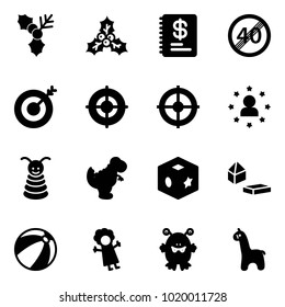 Solid vector icon set - holly vector, annual report, end speed limit road sign, target, star man, pyramid toy, dinosaur, cube, constructor blocks, beach ball, doll, monster, giraffe