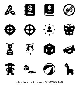 Solid vector icon set - holly vector, annual report, end speed limit road sign, target, star man, butterfly, pyramid toy, kite, cube, horn, doll, constructor blocks, beach ball, giraffe