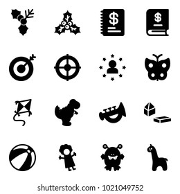 Solid vector icon set - holly vector, annual report, target, star man, butterfly, kite, dinosaur toy, horn, constructor blocks, beach ball, doll, monster, giraffe
