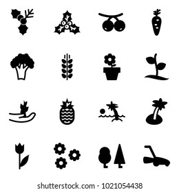 Solid vector icon set - holly vector, rowanberry, carrot, broccoli, spica, flower pot, sproute, hand, pineapple, palm, tulip, forest, lawn mower
