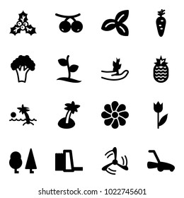 Solid vector icon set - holly vector, rowanberry, three leafs, carrot, broccoli, sproute, hand, pineapple, palm, flower, tulip, forest, water power plant, wind mill, lawn mower