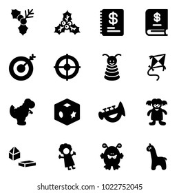 Solid vector icon set - holly vector, annual report, target, pyramid toy, kite, dinosaur, cube, horn, doll, constructor blocks, monster, giraffe