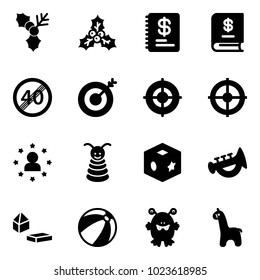 Solid vector icon set - holly vector, annual report, end speed limit road sign, target, star man, pyramid toy, cube, horn, constructor blocks, beach ball, monster, giraffe