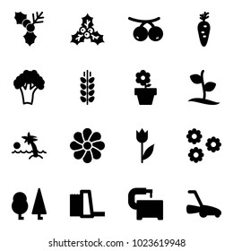 Solid vector icon set - holly vector, rowanberry, carrot, broccoli, spica, flower pot, sproute, palm, tulip, forest, water power plant, machine tool, lawn mower