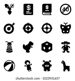 Solid vector icon set - holly vector, annual report, end speed limit road sign, target, butterfly, pyramid toy, dinosaur, cube, doll, beach ball, monster, giraffe