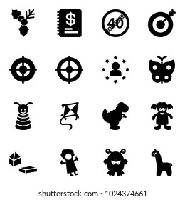 Solid vector icon set - holly vector, annual report, end speed limit road sign, target, star man, butterfly, pyramid toy, kite, dinosaur, doll, constructor blocks, monster, giraffe