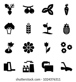 Solid vector icon set - holly vector, rowanberry, three leafs, carrot, broccoli, spica, sproute, pineapple, palm, flower, tulip, water power plant, machine tool, lawn mower