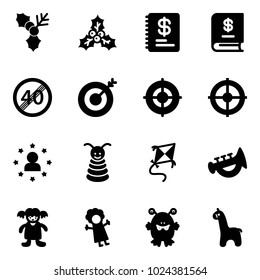 Solid vector icon set - holly vector, annual report, end speed limit road sign, target, star man, pyramid toy, kite, horn, doll, monster, giraffe