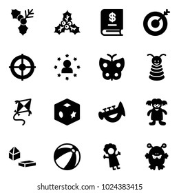 Solid vector icon set - holly vector, annual report, target, star man, butterfly, pyramid toy, kite, cube, horn, doll, constructor blocks, beach ball, monster