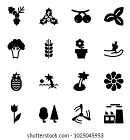 Solid vector icon set - holly vector, rowanberry, three leafs, broccoli, spica, flower pot, hand sproute, pineapple, palm, tulip, forest, wind mill, plant